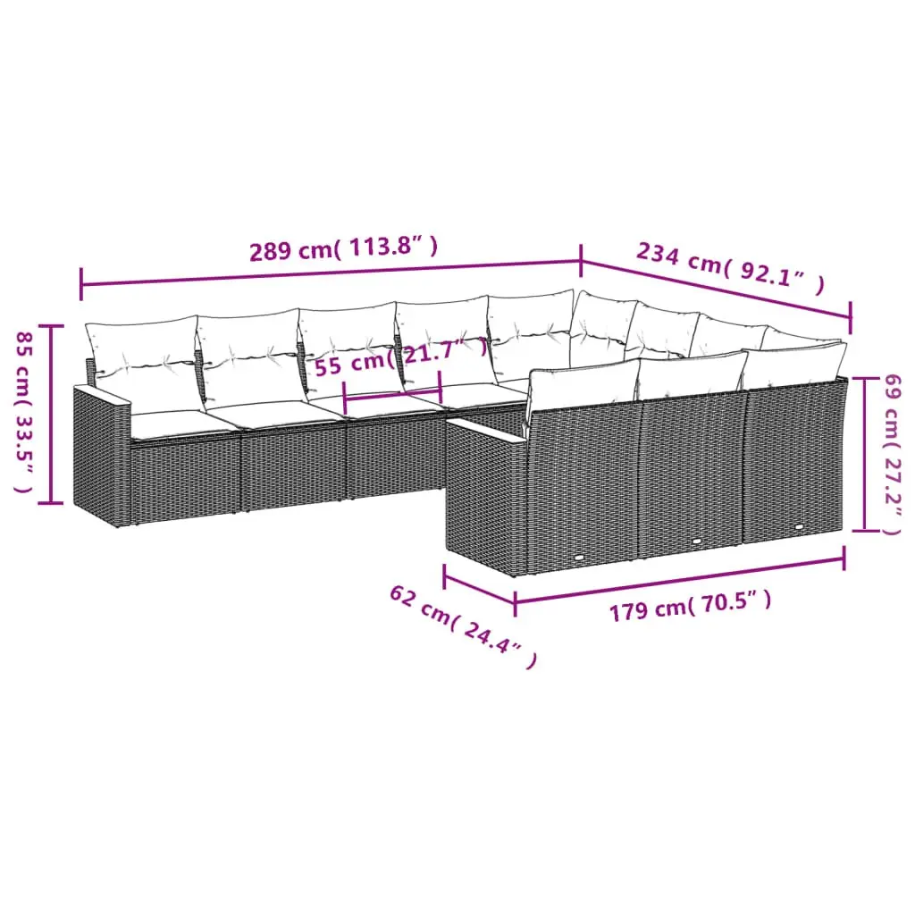 Modular Outdoor Sofa Set 10 Piece Grey PE Rattan Furniture with Removable Cushions