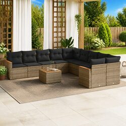 11 Piece Outdoor Garden Sofa Set with Cushions Grey Poly Rattan Patio Furniture