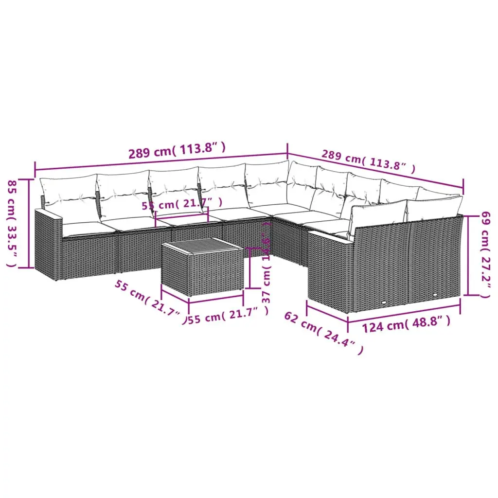11 Piece Outdoor Garden Sofa Set with Cushions Grey Poly Rattan Patio Furniture
