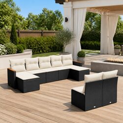 Black Modular Sofa Set for Outdoor Use, 9 Pieces