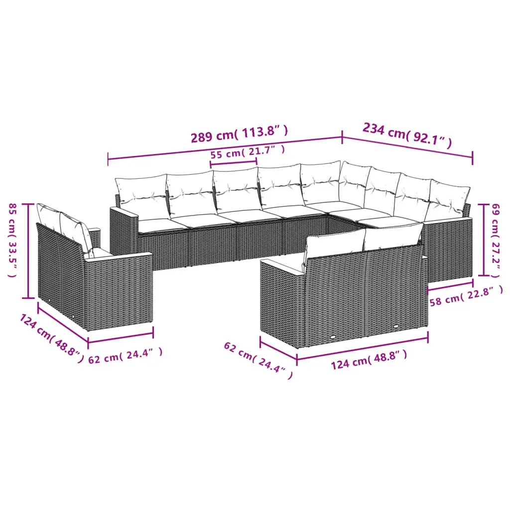Garden Sofa Set PE Rattan Modular 12 Piece Outdoor Furniture Grey with Cushions