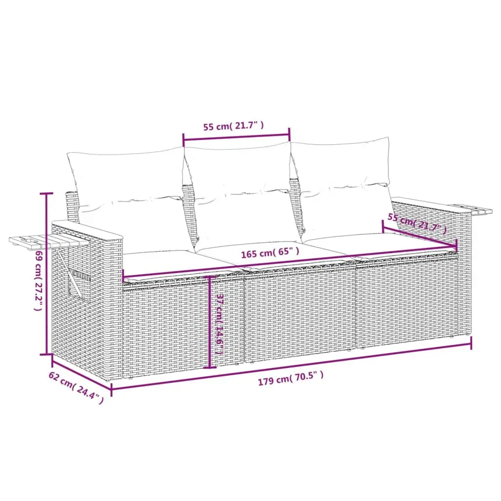 Garden Sofa Set PE Rattan 3 Piece Outdoor Furniture Black Patio Conversation