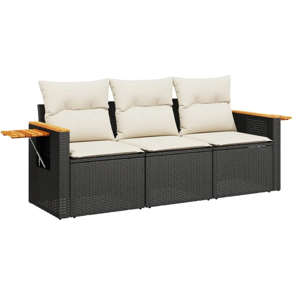 3PieceBlackPolyRattanGardenSofaSetOutdoorFurnitureWithCushionsAndFoldableSideTable