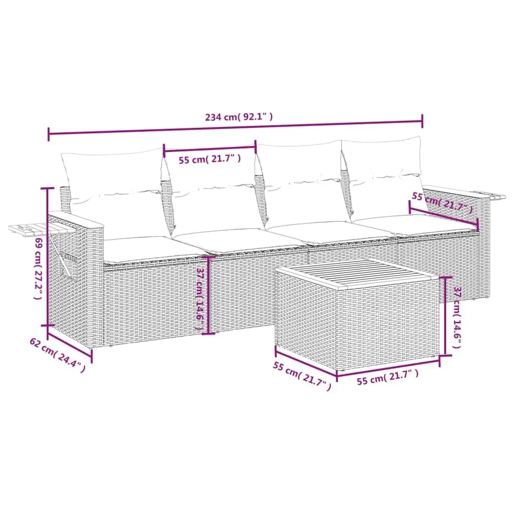 Garden Sofa Set PE Rattan 5 Piece Modular Grey Outdoor Furniture with Cushions