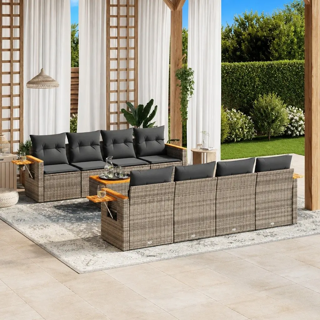 Garden Sofa Set PE Rattan 9 Piece Modular Outdoor Furniture with Acacia Wood Table Top Grey