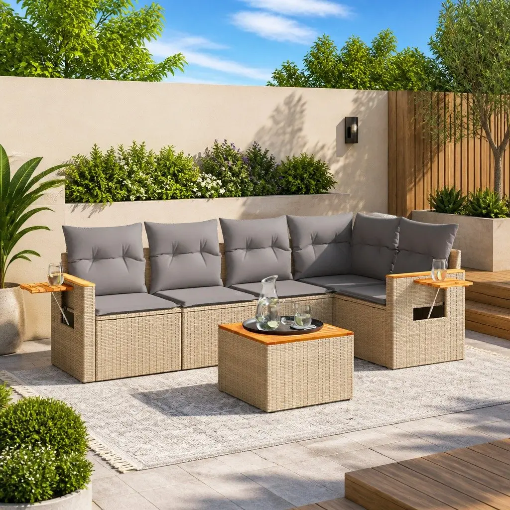 Outdoor Garden Sofa Set PE Rattan 6 Piece Beige with Acacia Wood Tabletop and Cushions
