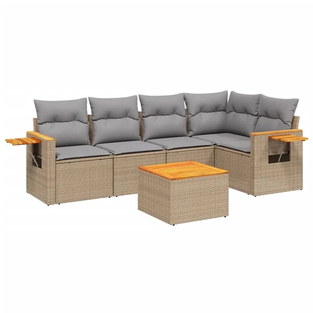 Outdoor Garden Sofa Set PE Rattan 6 Piece Beige with Acacia Wood Tabletop and Cushions