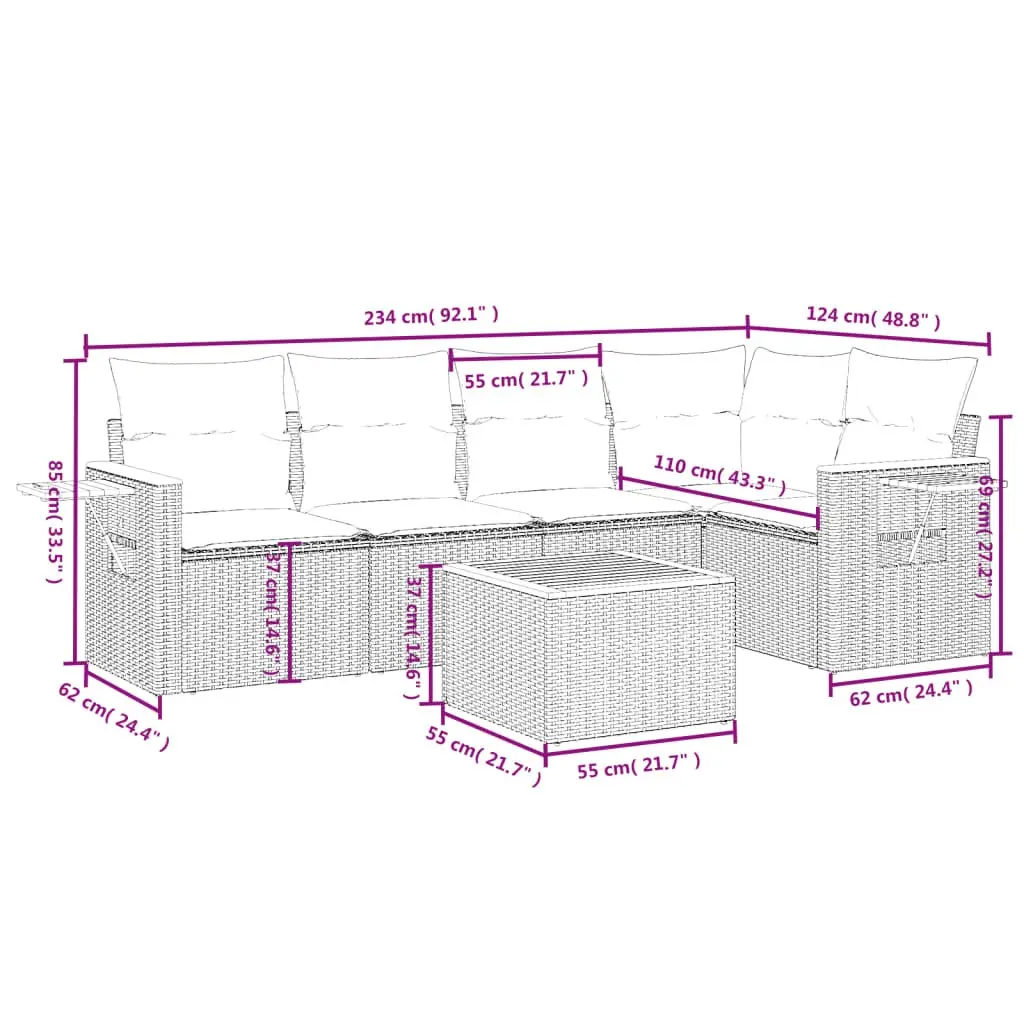 Outdoor Garden Sofa Set PE Rattan 6 Piece Beige with Acacia Wood Tabletop and Cushions