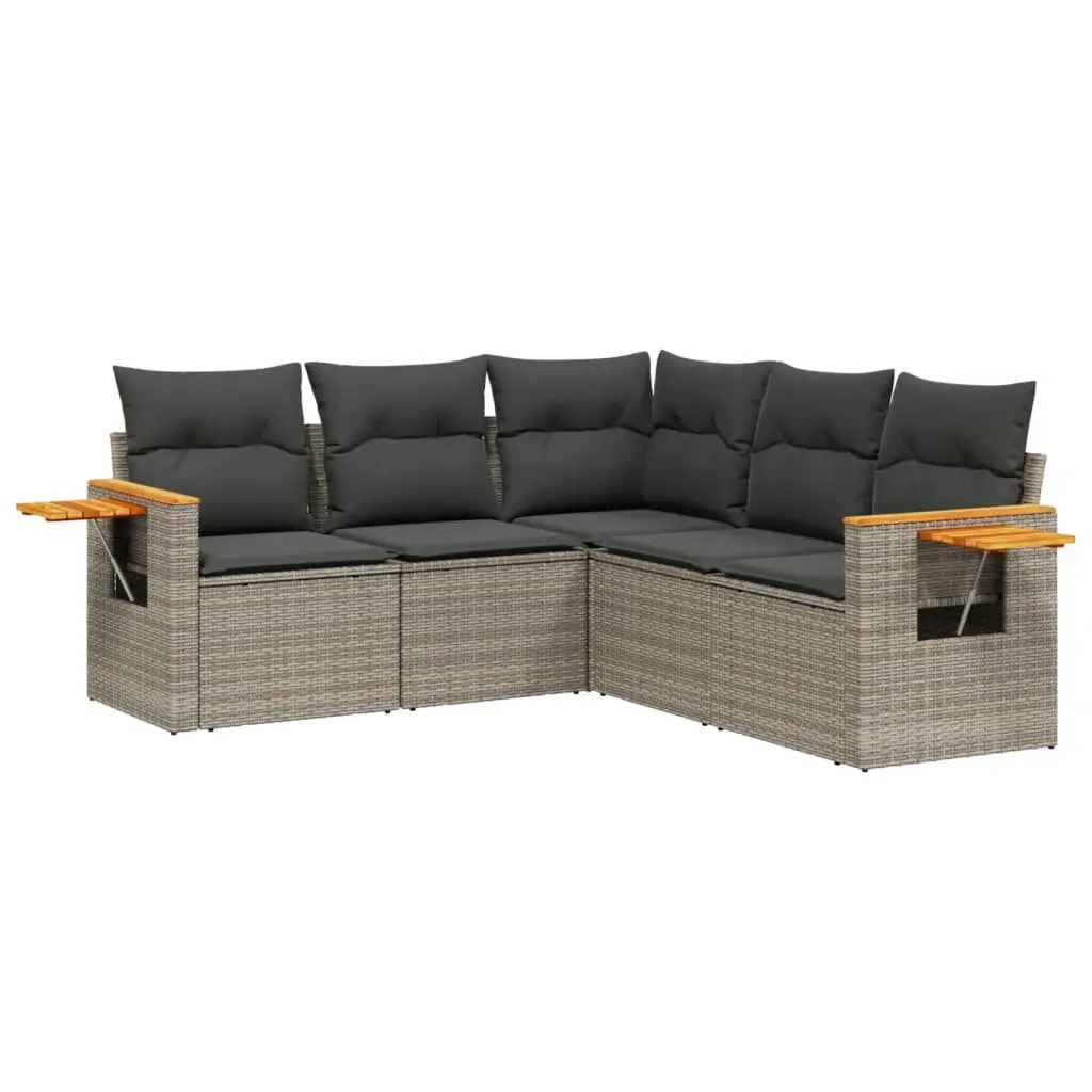 5 Piece Garden Sofa Set with Cushions Grey Poly Rattan Outdoor Furniture Patio