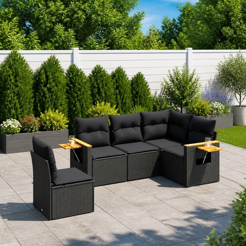 Garden Sofa Set 5 Piece Modular Black PE Rattan Outdoor Furniture