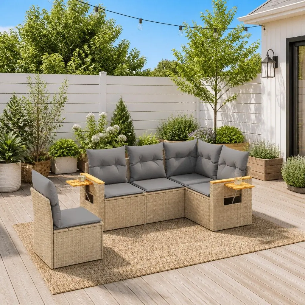 Garden Sofa Set 5 Piece Outdoor Furniture Beige Poly Rattan Patio Seating with