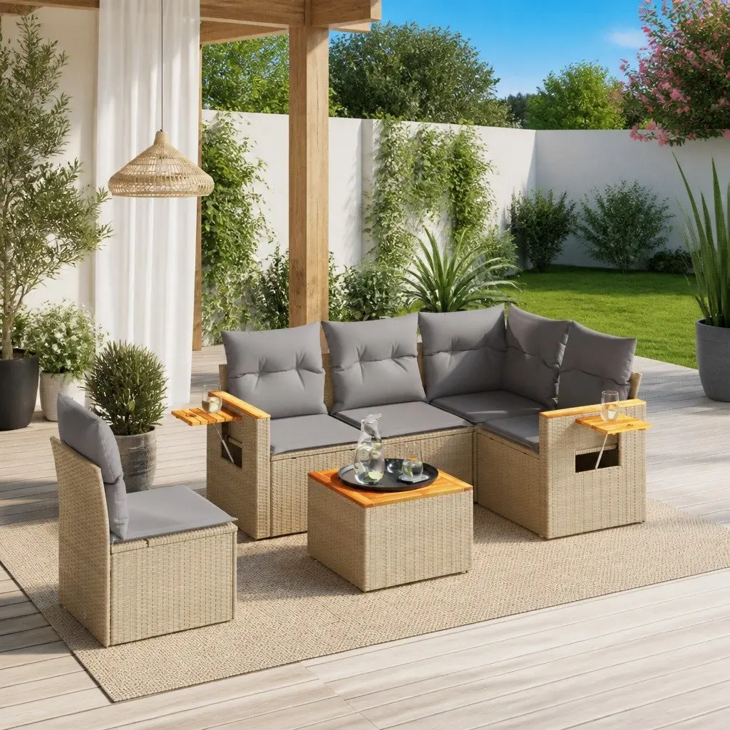 Garden Sofa Set 6 Piece Modular PE Rattan Beige with Cushions and Acacia Wood Tabletop