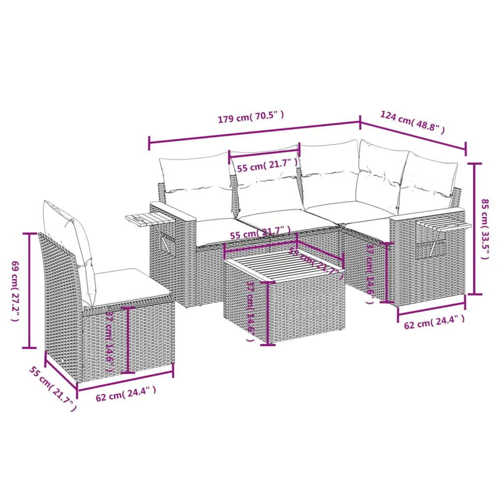 Garden Sofa Set Poly Rattan 6 Piece Outdoor Furniture Grey with Cushions