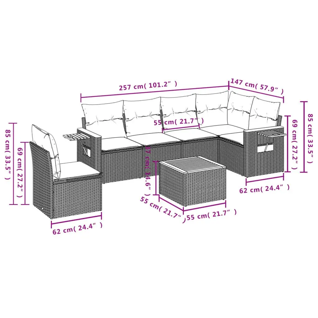 7 Piece Garden Sofa Set PE Rattan Modular Grey with Cushions Outdoor Patio Furniture
