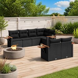 7 Piece Garden Sofa Set Black Poly Rattan Outdoor Furniture Patio Cushions