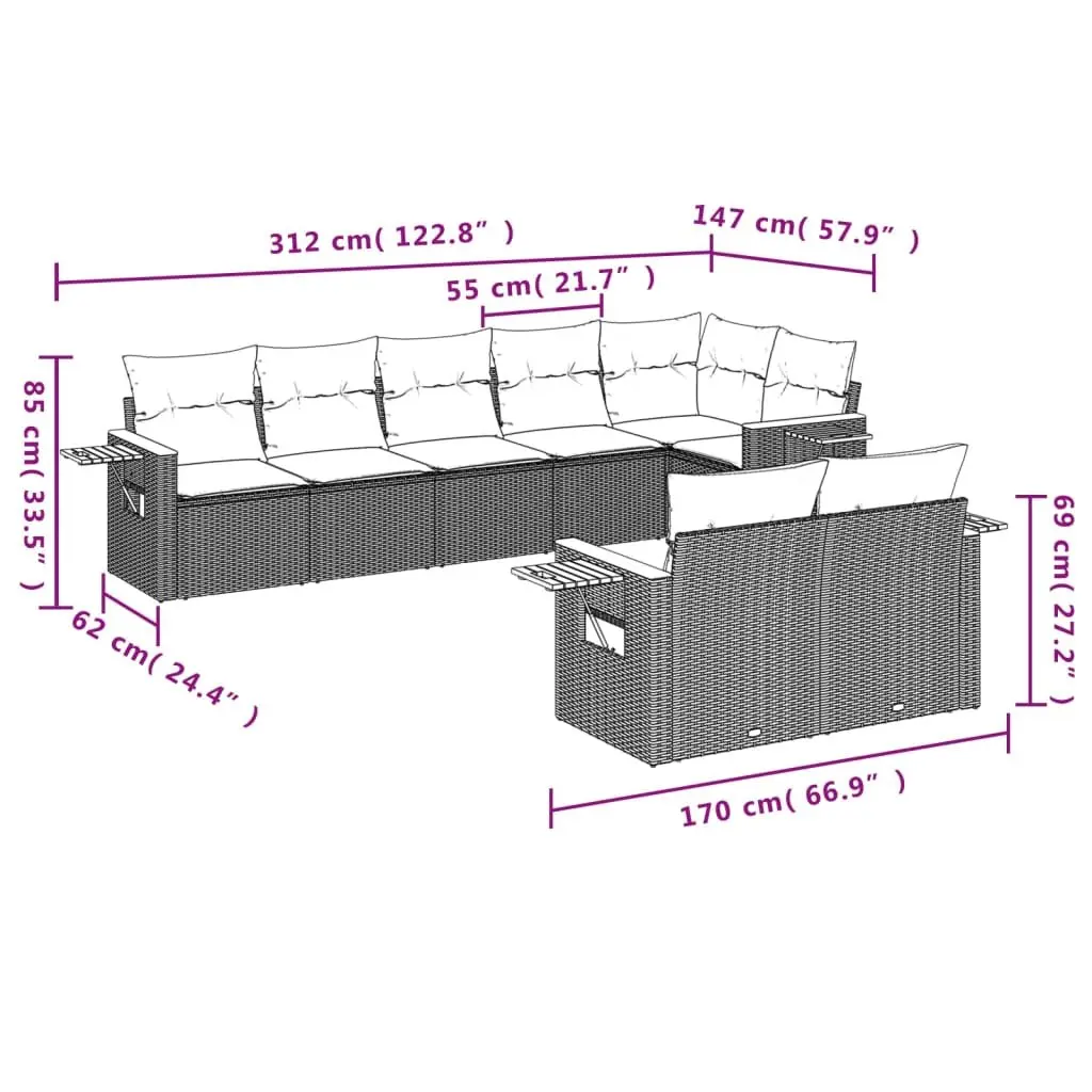 Garden Sofa Set 8 Piece Outdoor Furniture Grey Poly Rattan Modular Patio