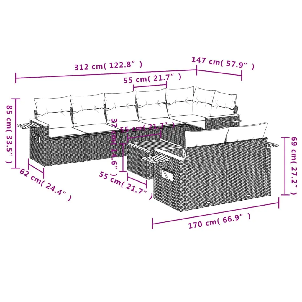 9 Piece Outdoor Garden Sofa Set with Cushions Beige Poly Rattan Patio Furniture