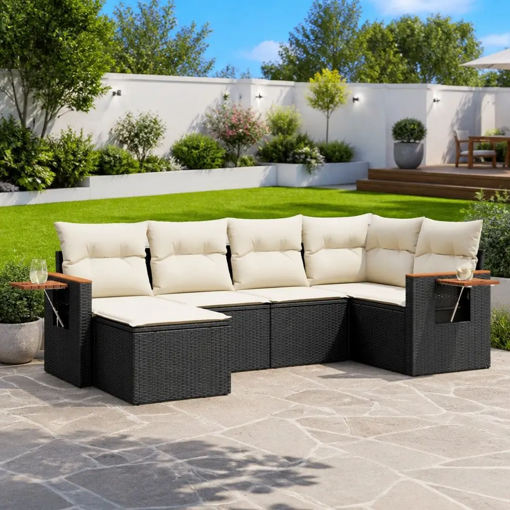 6 Piece Outdoor Garden Sofa Set PE Rattan Black with Cushions