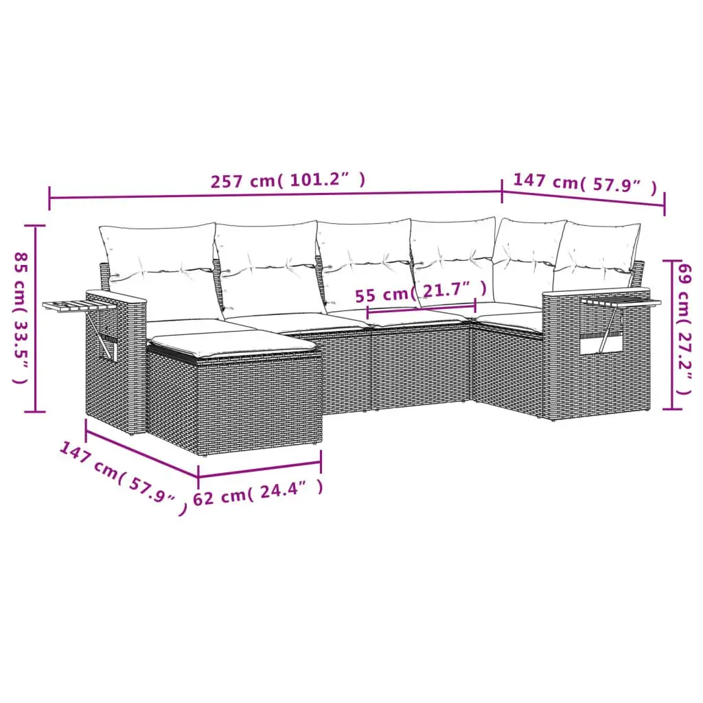 Modular Outdoor Sofa Set 6 Piece Grey PE Rattan Furniture with Cushions