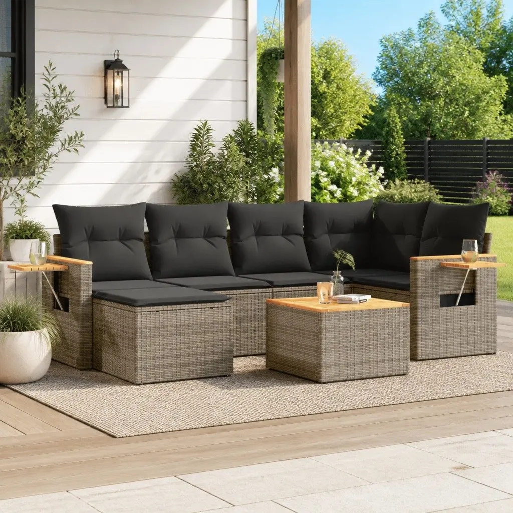 7 Piece Garden Sofa Set PE Rattan with Acacia Wood Table Grey Outdoor Patio Furniture
