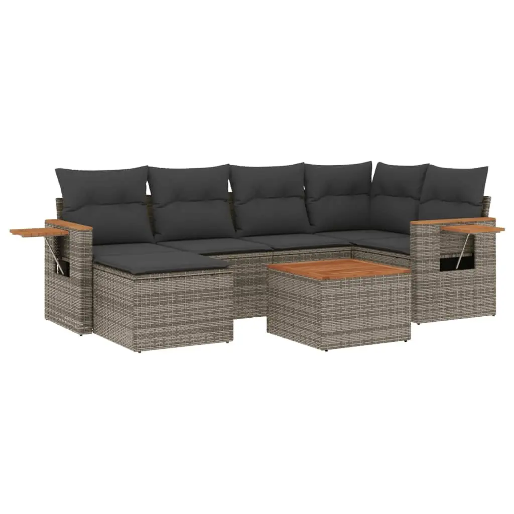 7 Piece Garden Sofa Set PE Rattan with Acacia Wood Table Grey Outdoor Patio Furniture