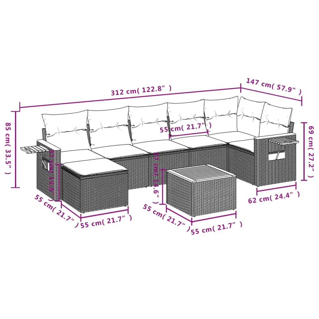 Garden Sofa Set Modular PE Rattan 8 Piece Grey Outdoor Furniture