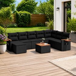 Outdoor Garden Sofa Set 9 Piece Modular Lounge with Cushions Black Poly Rattan