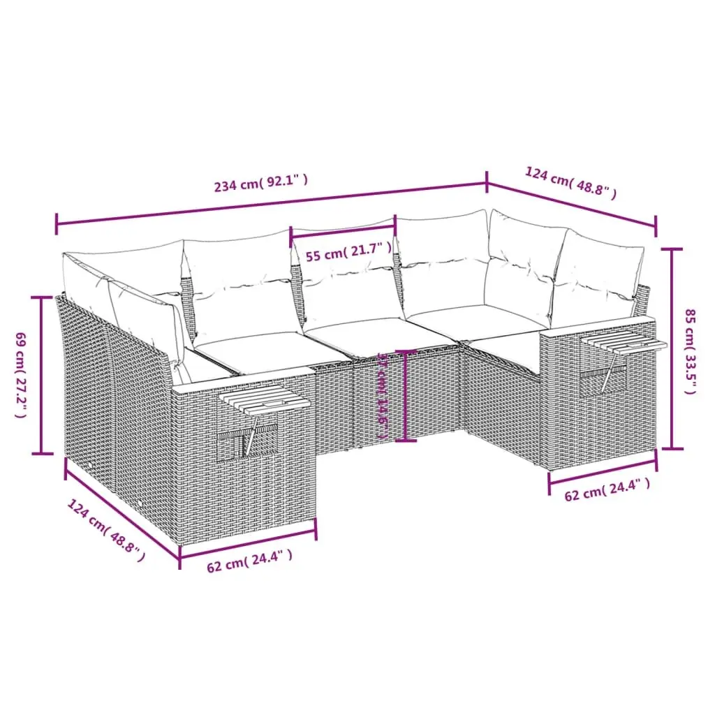 6 Piece Outdoor Sofa Set Grey PE Rattan with Cushions and Foldable Side Table