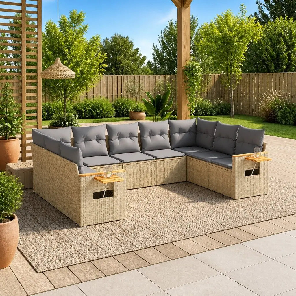 Garden Sofa Set Modular PE Rattan 9 Piece Outdoor Furniture Beige