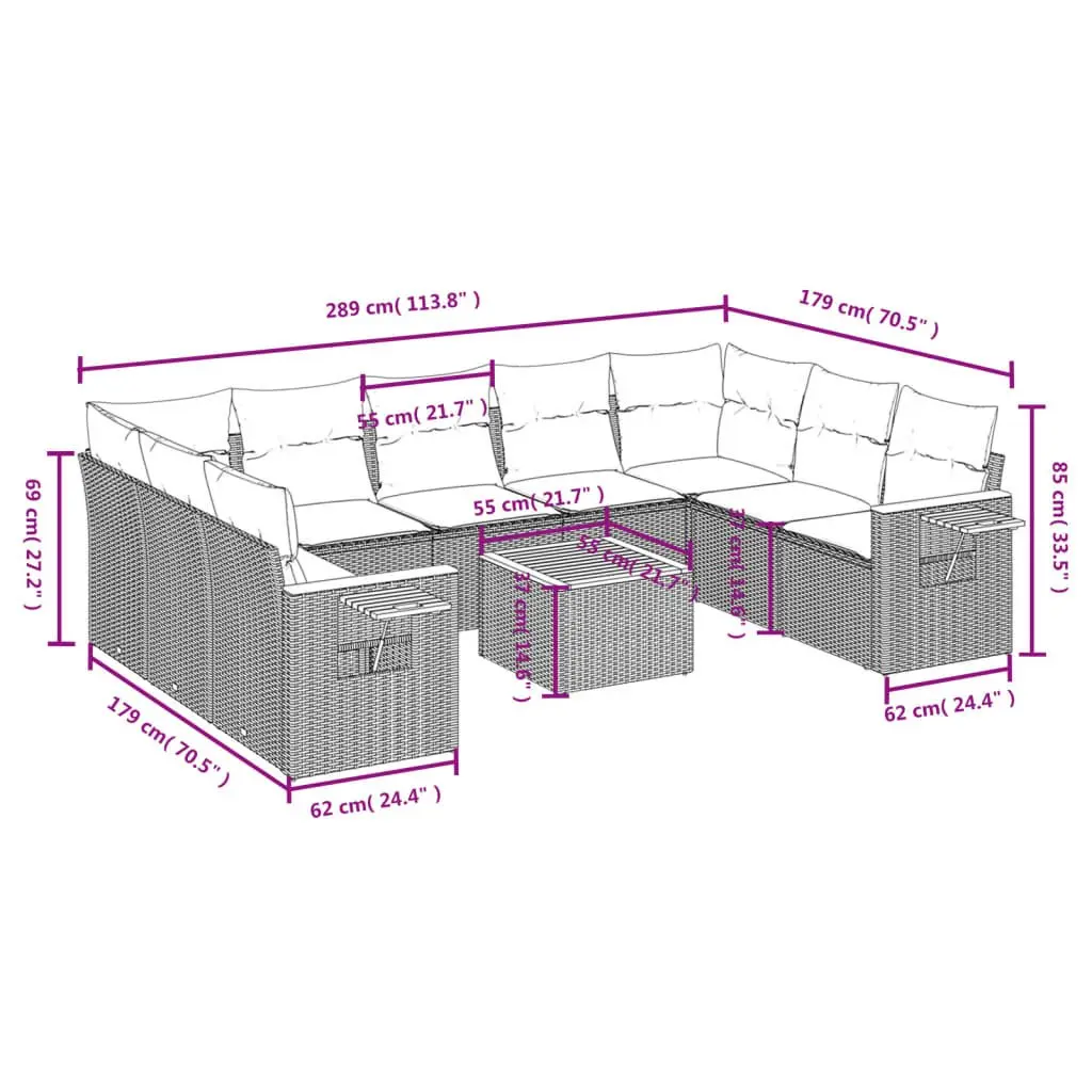 Outdoor Patio Furniture Set 10 Piece Modular Beige Rattan with Cushions and Acacia Wood Tabletop