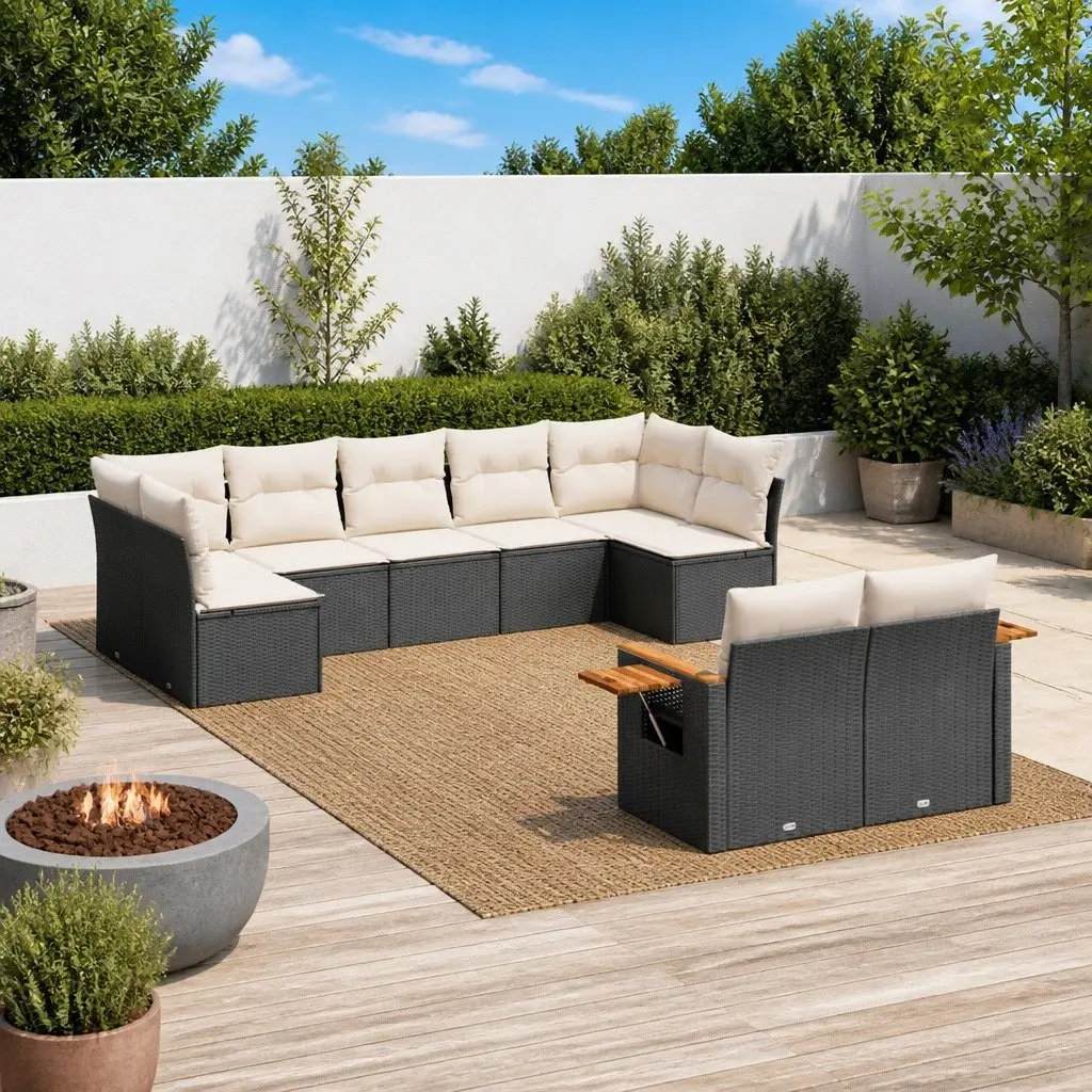 9 Piece Modular Outdoor Sofa Set with Cushions Black PE Rattan and Foldable Side Table