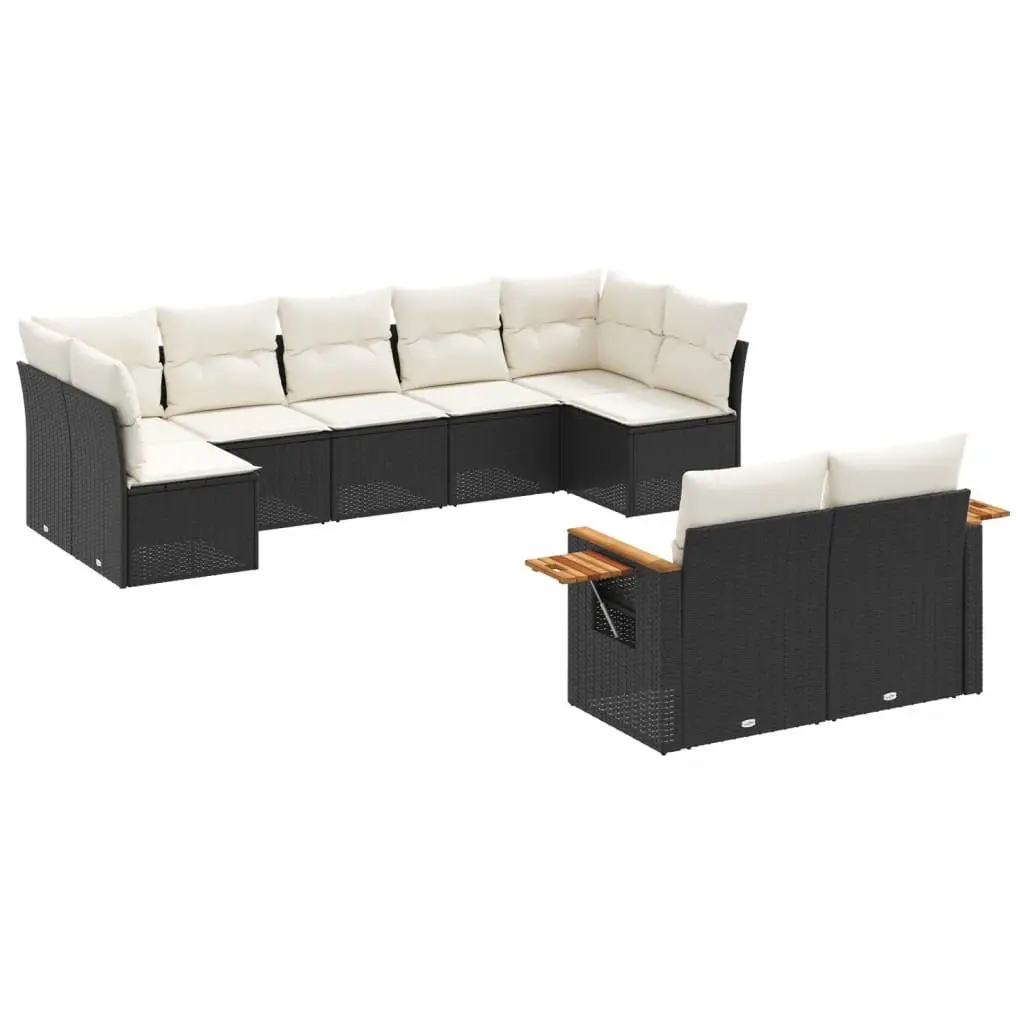 9 Piece Modular Outdoor Sofa Set with Cushions Black PE Rattan and Foldable Side Table