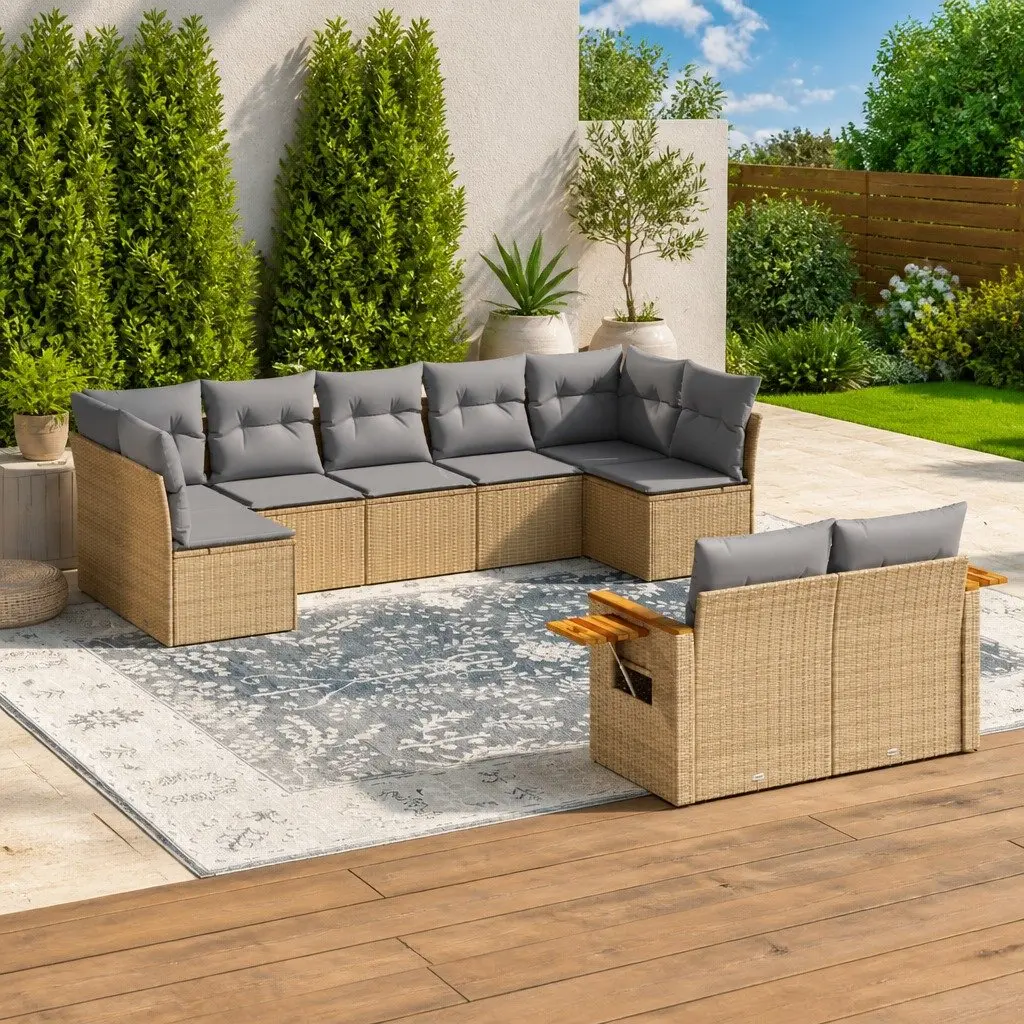 Modular Outdoor Furniture Set 9 Piece Beige PE Rattan Garden Sofa with Cushions
