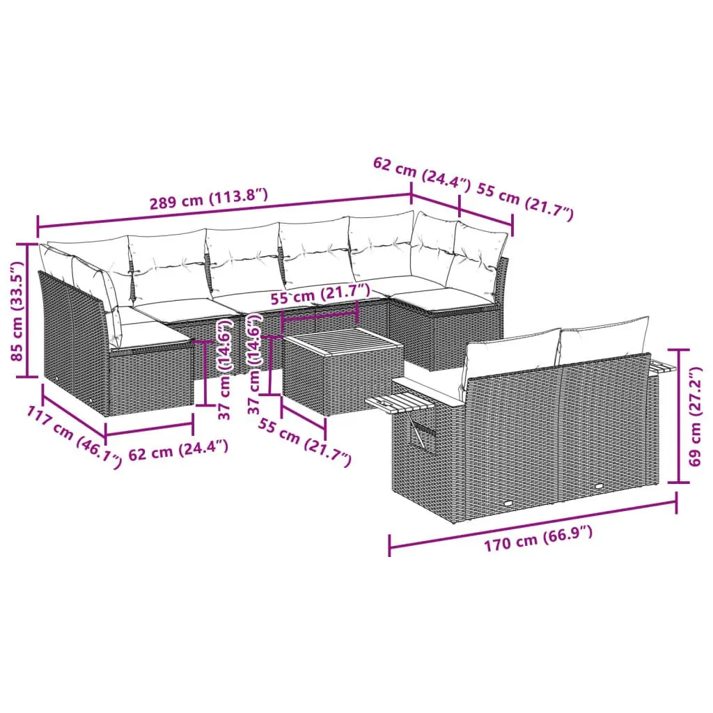 Outdoor Garden Sofa Set 10 Piece Beige Poly Rattan Patio Furniture with Cushions