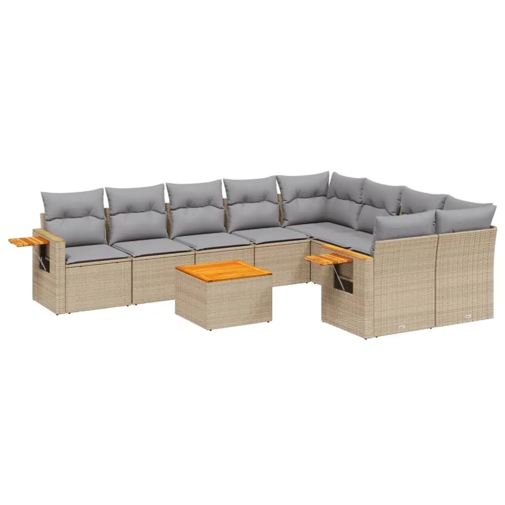 Garden Sofa Set 10 Piece Outdoor Furniture with Cushions Beige Poly Rattan