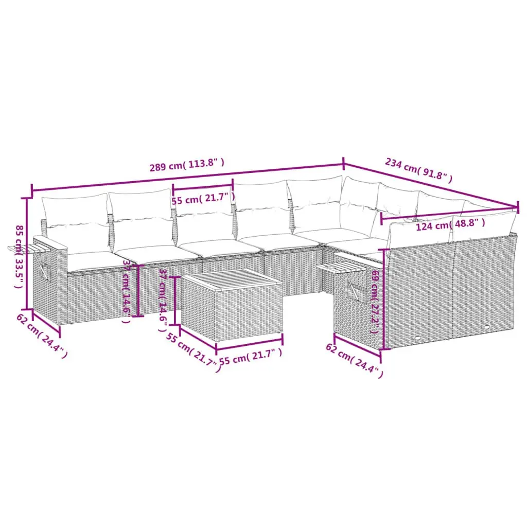 Garden Sofa Set 10 Piece Outdoor Furniture Grey Poly Rattan Patio with Cushions