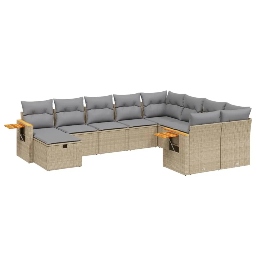Garden Sofa Set 10 Piece PE Rattan Beige Modular Outdoor Furniture with Acacia Wood Table