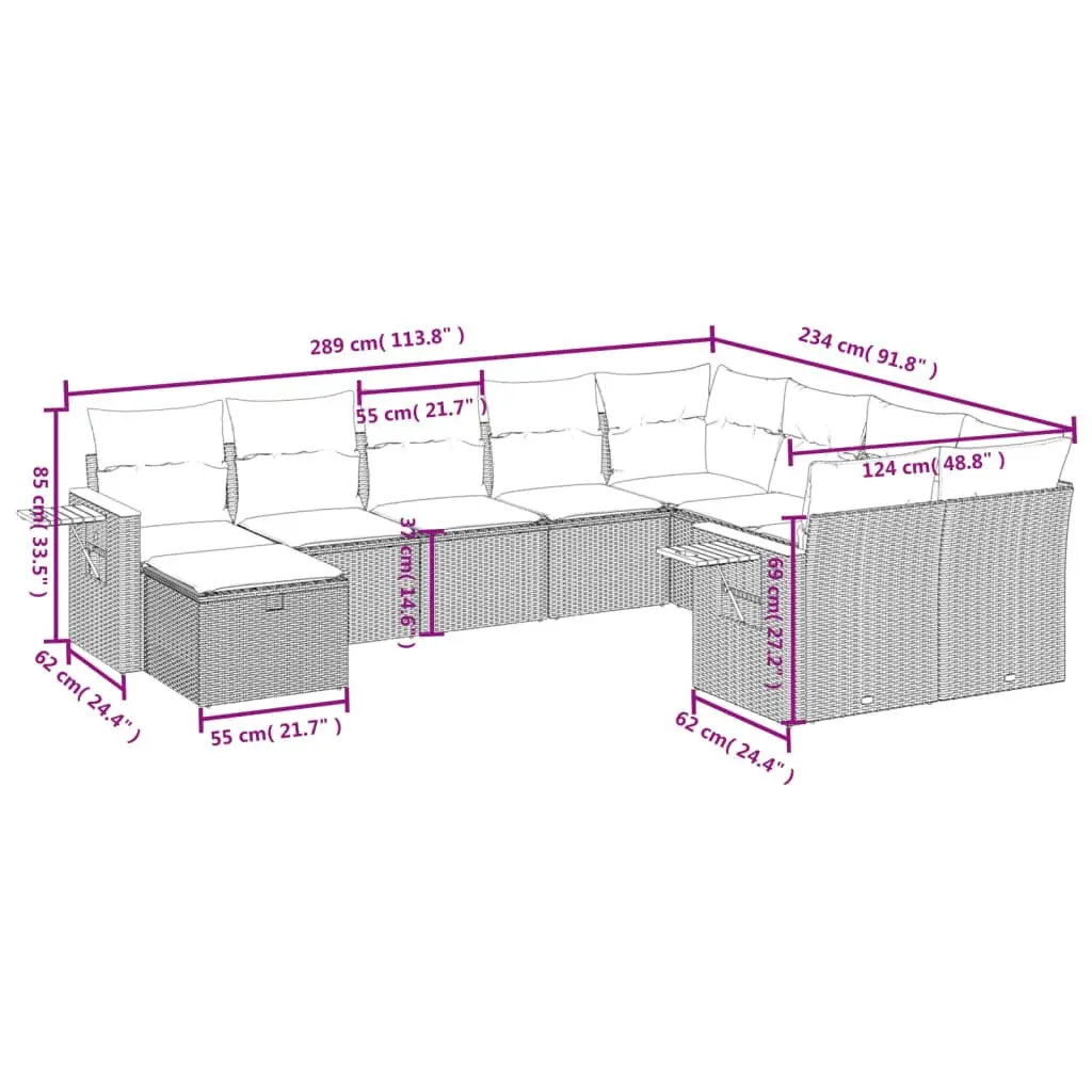 Garden Sofa Set 10 Piece PE Rattan Beige Modular Outdoor Furniture with Acacia Wood Table