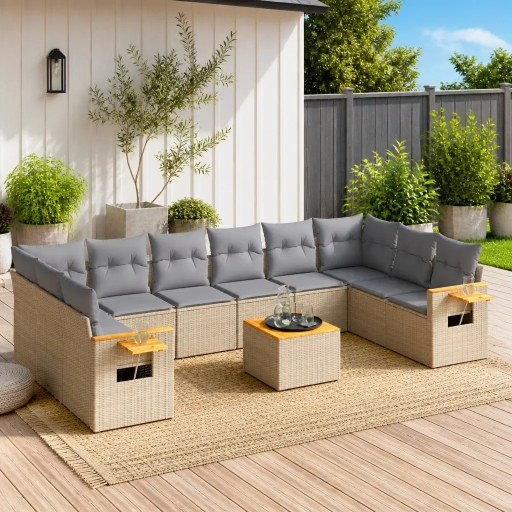 Garden Sofa Set 11 Piece Modular PE Rattan Outdoor Furniture Patio Beige with Cushions