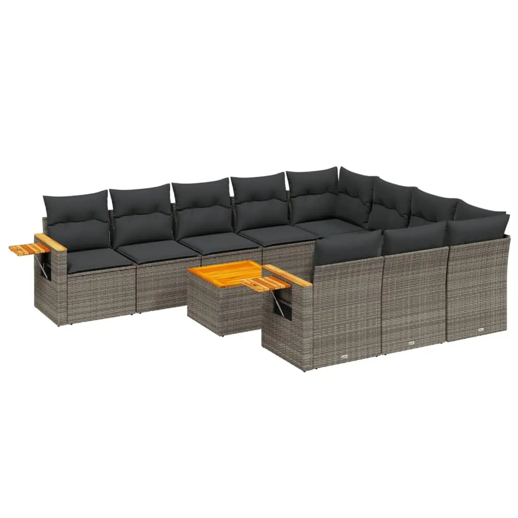 11 Piece Outdoor Garden Sofa Set Grey PE Rattan Modular Furniture with Cushions and Acacia Wood Table Top