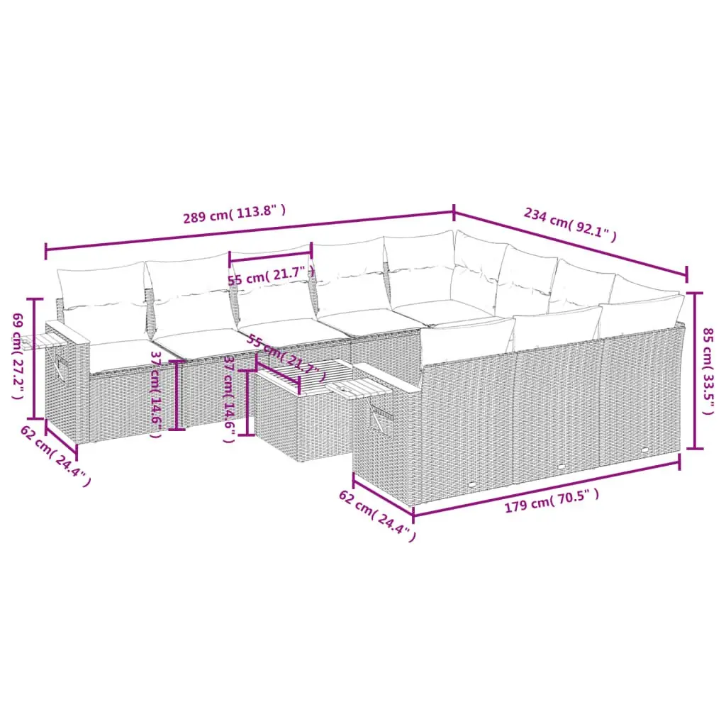 11 Piece Outdoor Garden Sofa Set Grey PE Rattan Modular Furniture with Cushions and Acacia Wood Table Top