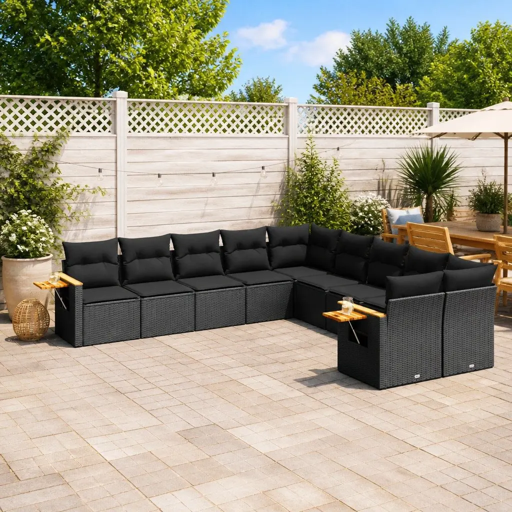 10 Piece Modular Garden Sofa Set Black PE Rattan Outdoor Furniture with Cushions