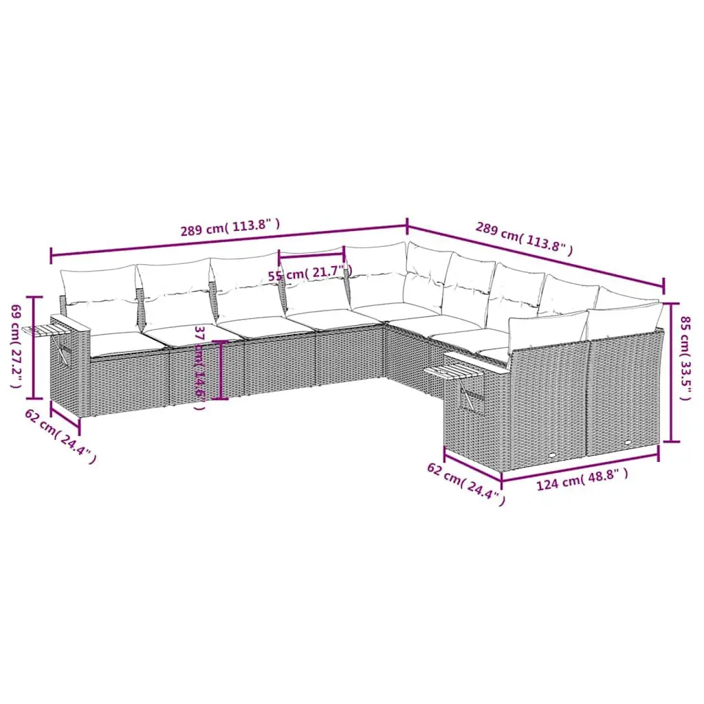 10 Piece Modular Garden Sofa Set Black PE Rattan Outdoor Furniture with Cushions