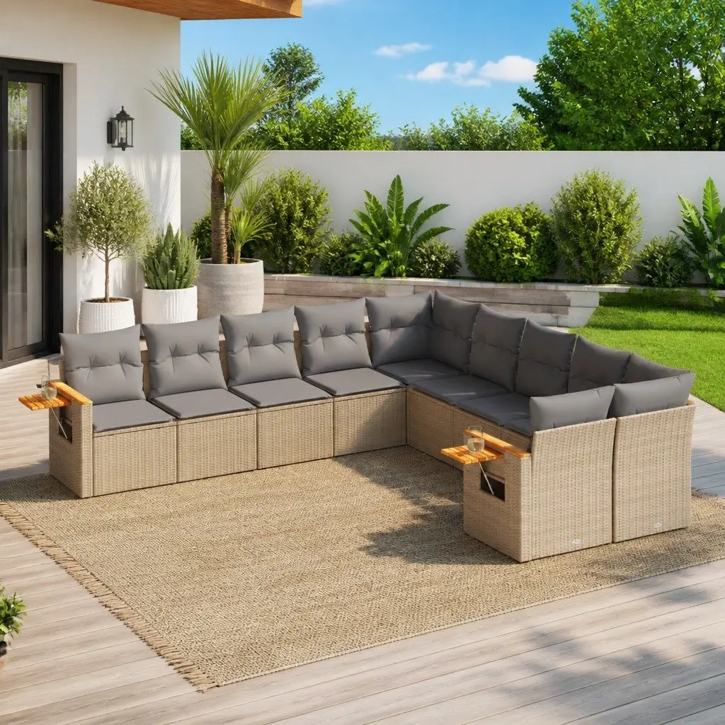10 Piece Modular Outdoor Patio Sofa Set Beige PE Rattan Furniture