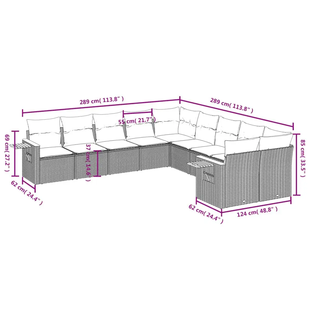 10 Piece Modular Outdoor Patio Sofa Set Beige PE Rattan Furniture