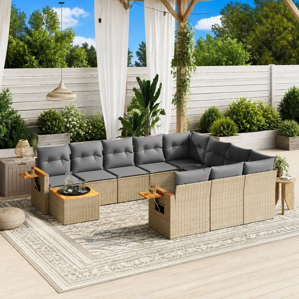 Outdoor Garden Sofa Set Modular 11 Piece Beige PE Rattan with Acacia Wood Table Top