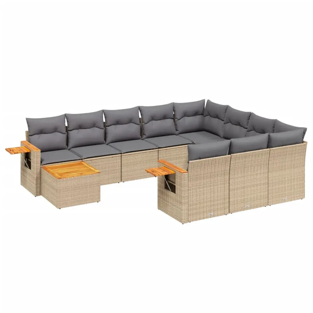 Outdoor Garden Sofa Set Modular 11 Piece Beige PE Rattan with Acacia Wood Table Top