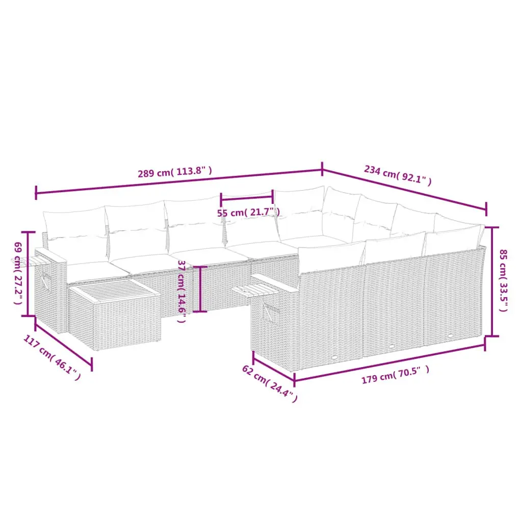Outdoor Garden Sofa Set Modular 11 Piece Beige PE Rattan with Acacia Wood Table Top
