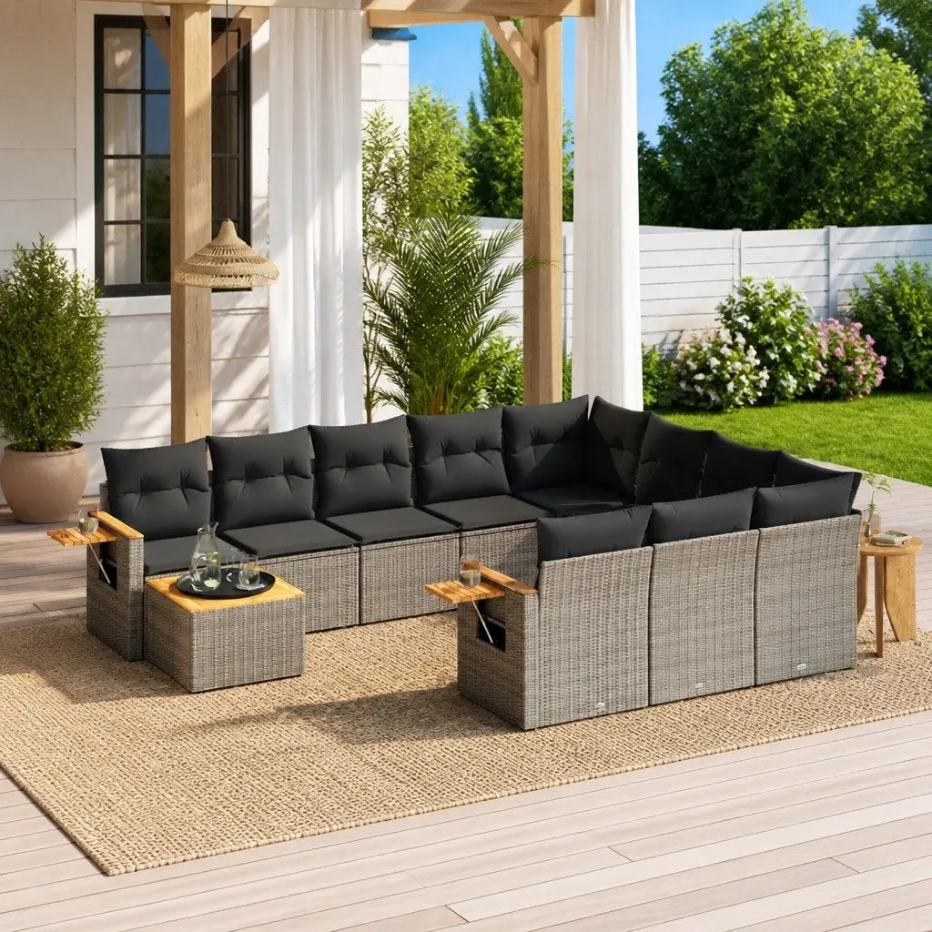 11 Piece Garden Sofa Set PE Rattan Acacia Wood Grey Outdoor Furniture