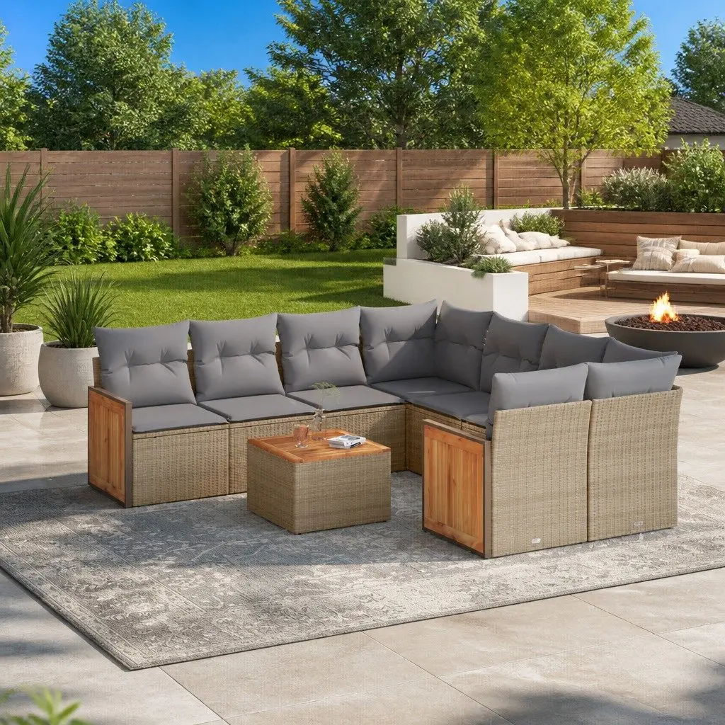Outdoor Garden Sofa Set 9 Piece Patio Furniture with Cushions Beige Rattan